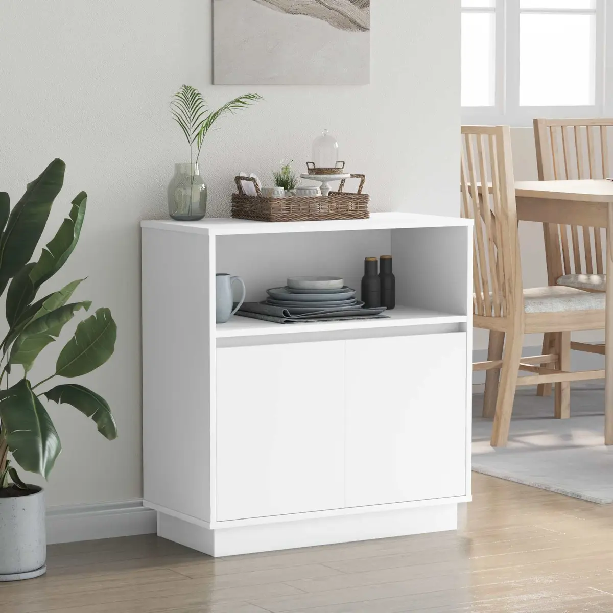 LED Sideboard White Modern Storage Cabinet Engineered Wood Hinged Doors Dining