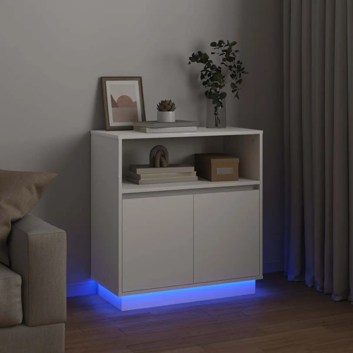 LED Sideboard White Modern Storage Cabinet Engineered Wood Hinged Doors Dining
