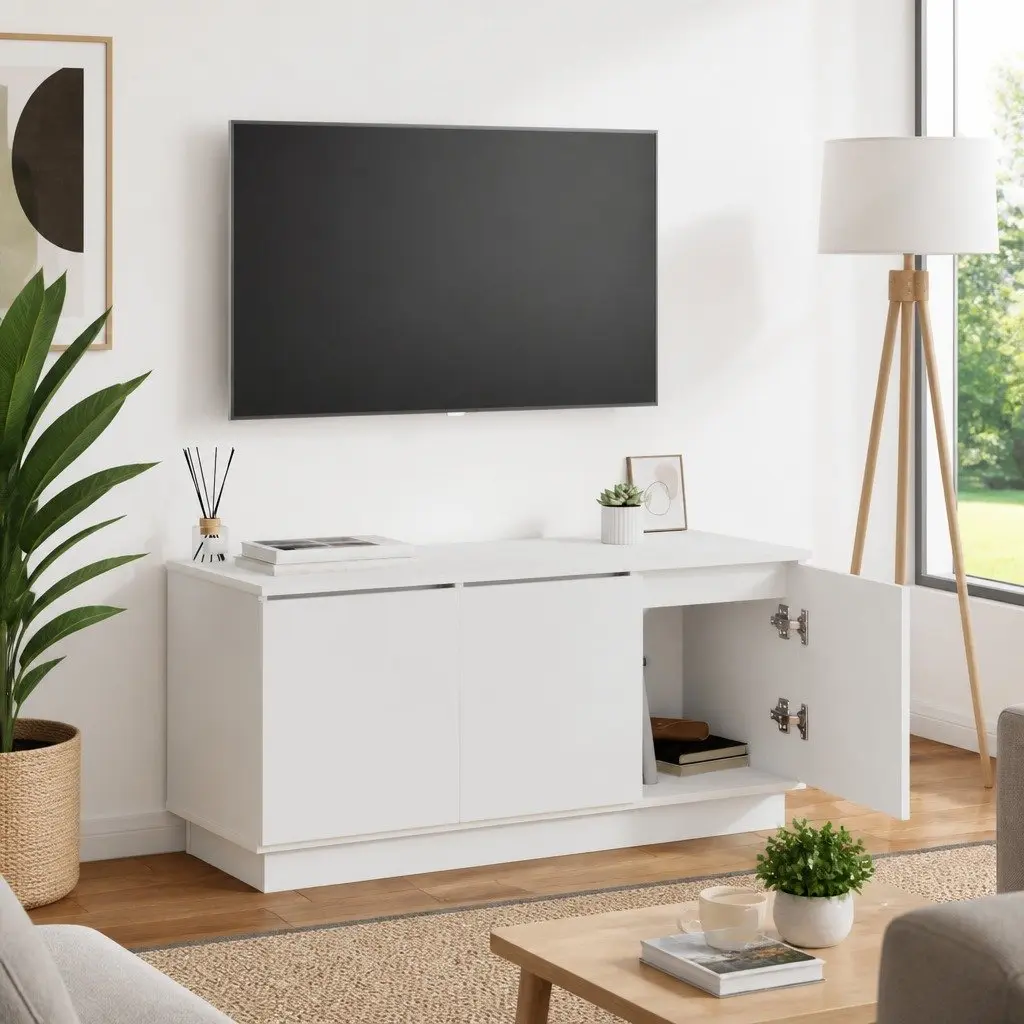 TV Cabinet White 100x38x49cm Engineered Wood with LED Lighting