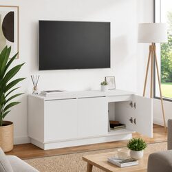 White Engineered Wood TV Cabinet with LED Lighting