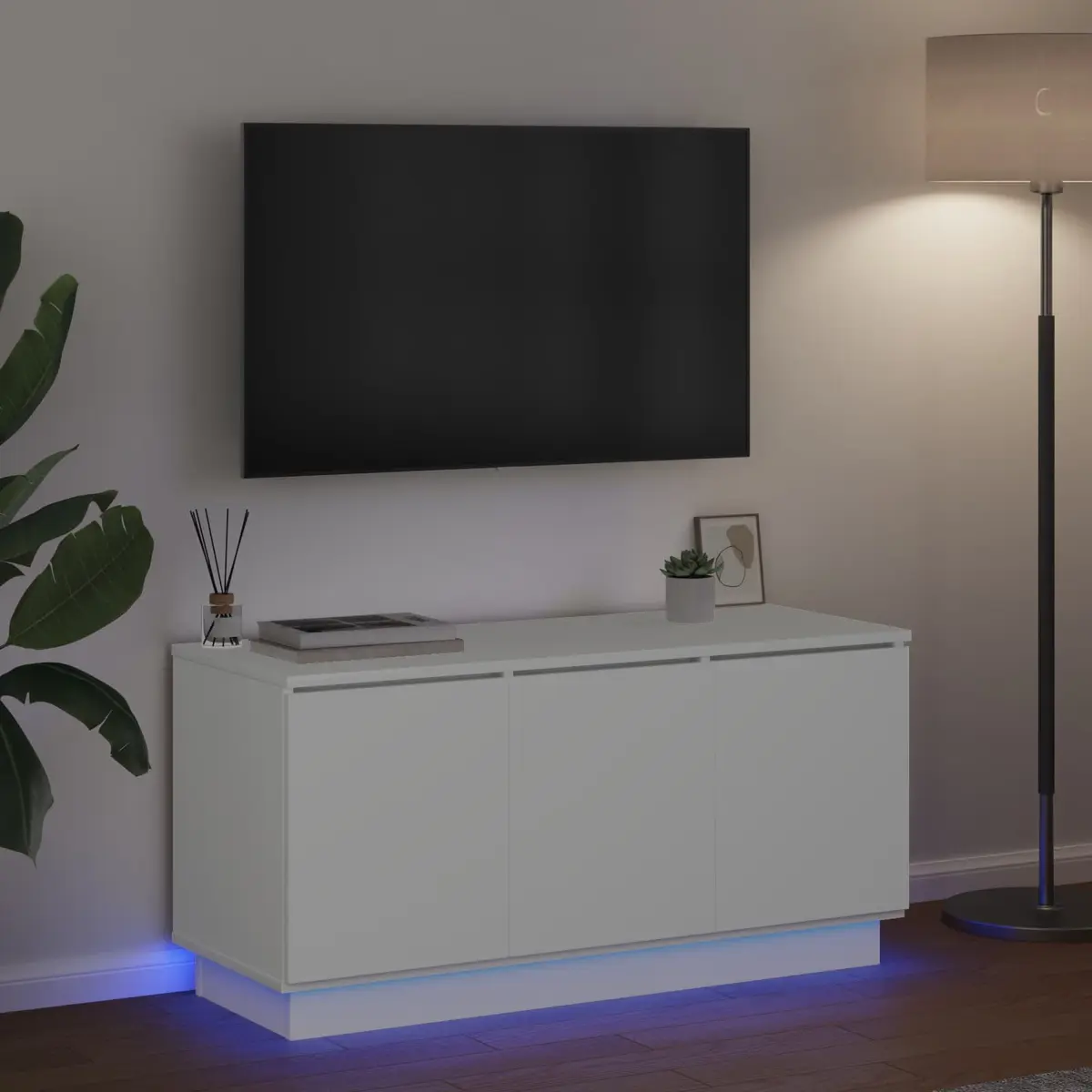 TV Cabinet White 100x38x49cm Engineered Wood with LED Lighting