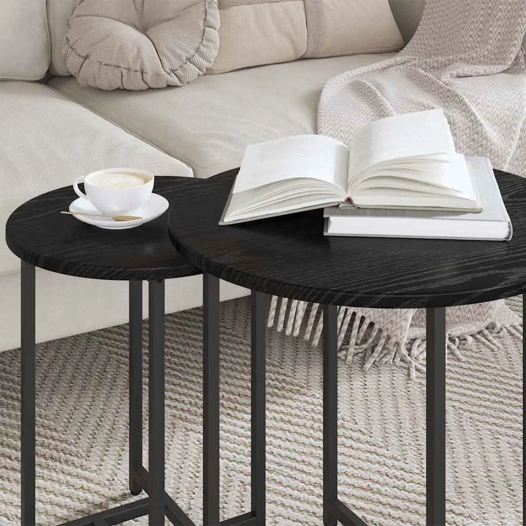 Side Table Set Black Modern Industrial 2 Pieces Engineered Wood Metal Frame
