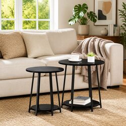 Modern Industrial Round Side Table Set of 2 Black
