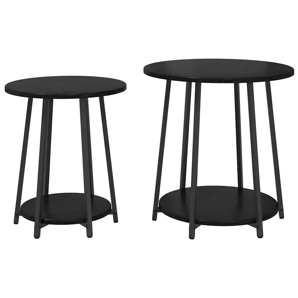 Side Table Set Industrial Black Round Accent 2 Pieces Engineered Wood Metal
