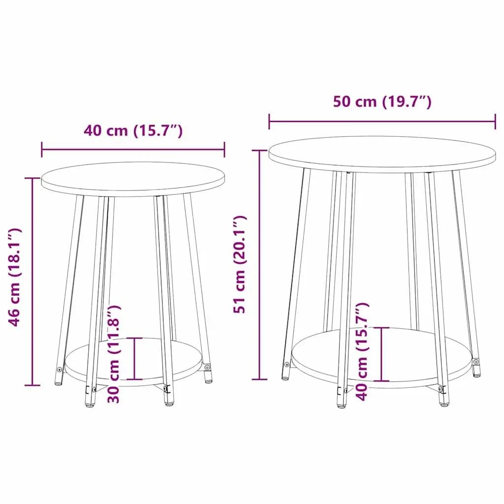 Side Table Set Industrial Black Round Accent 2 Pieces Engineered Wood Metal