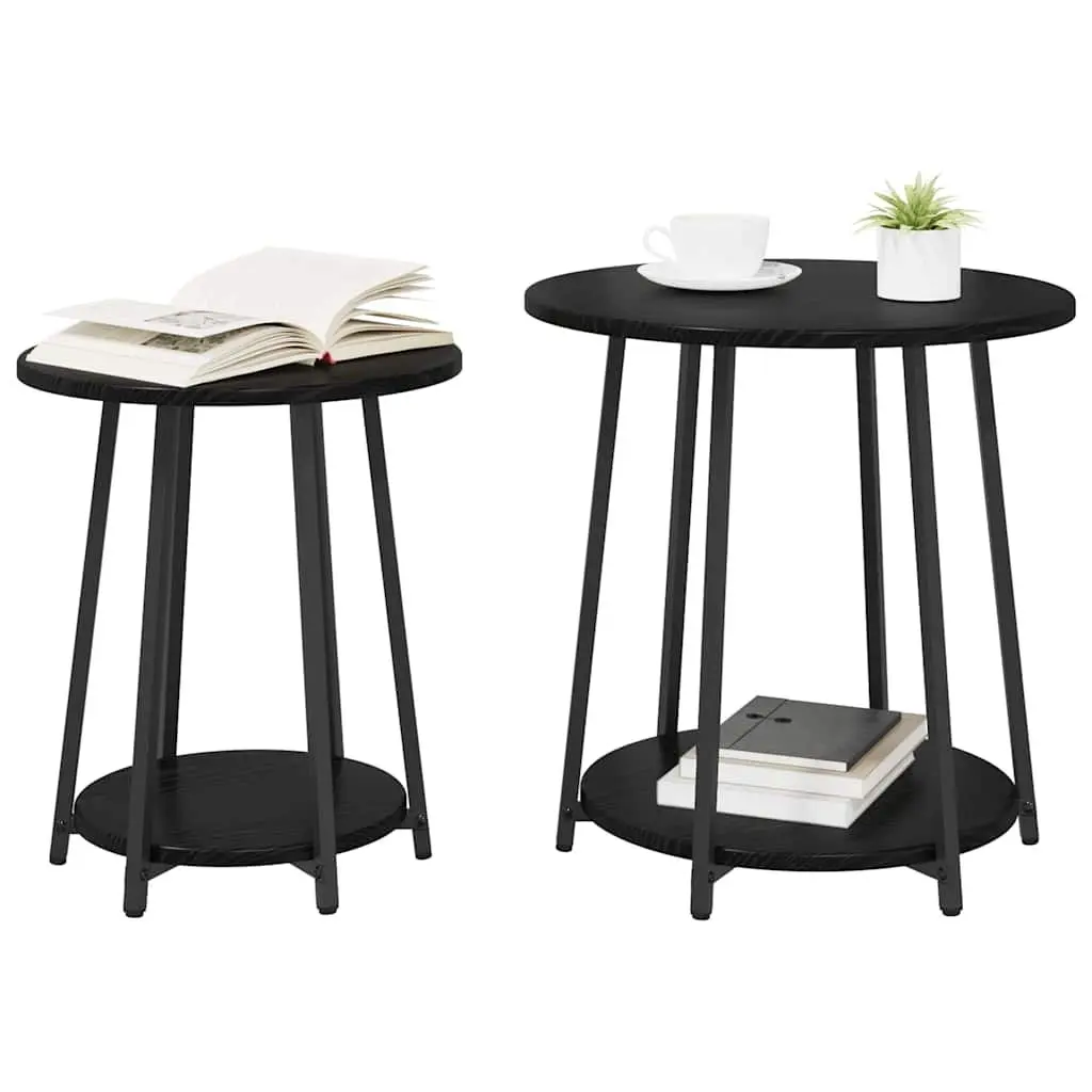 Side Table Set Industrial Black Round Accent 2 Pieces Engineered Wood Metal