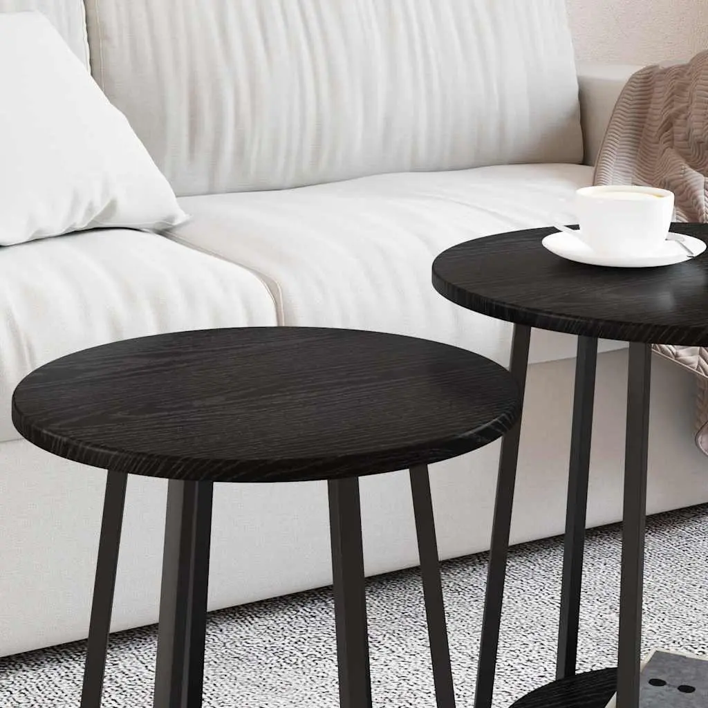 Side Table Set Industrial Black Round Accent 2 Pieces Engineered Wood Metal