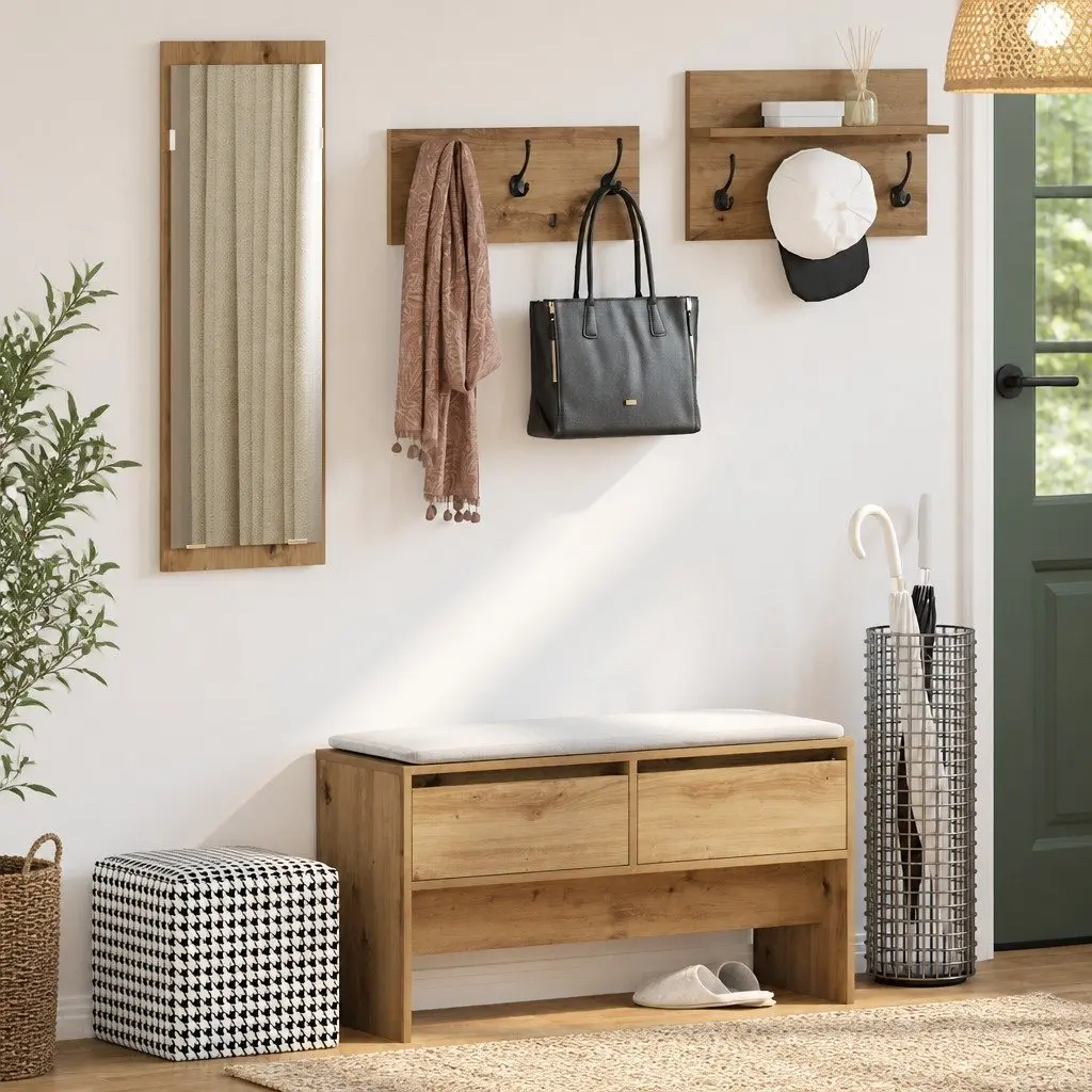 Brown Hallway Furniture Set with Storage Bench and Mirror
