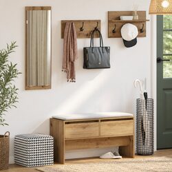 Brown Hallway Furniture Set with Storage Bench and Mirror
