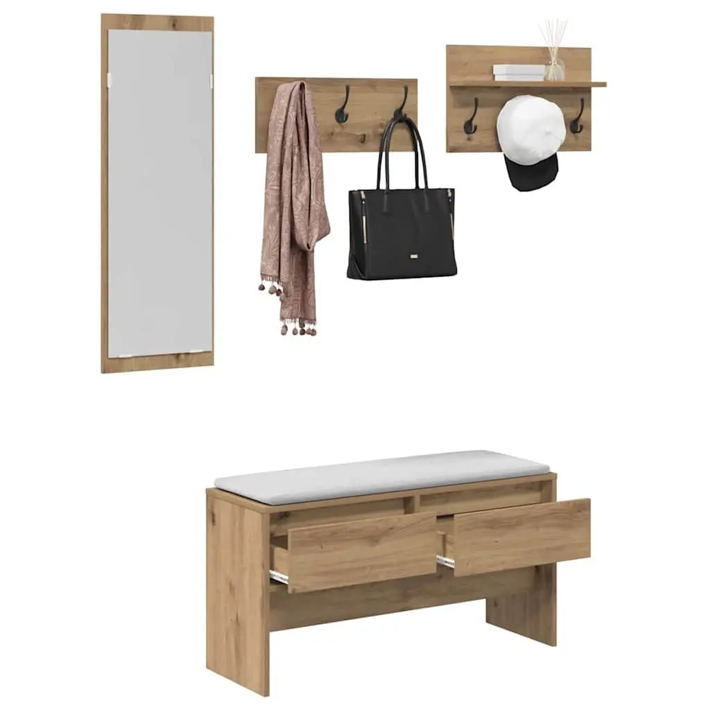 Hallway Furniture Set Modern Storage Bench Mirror Coat Racks Entryway Organiser Brown Engineered Wood
