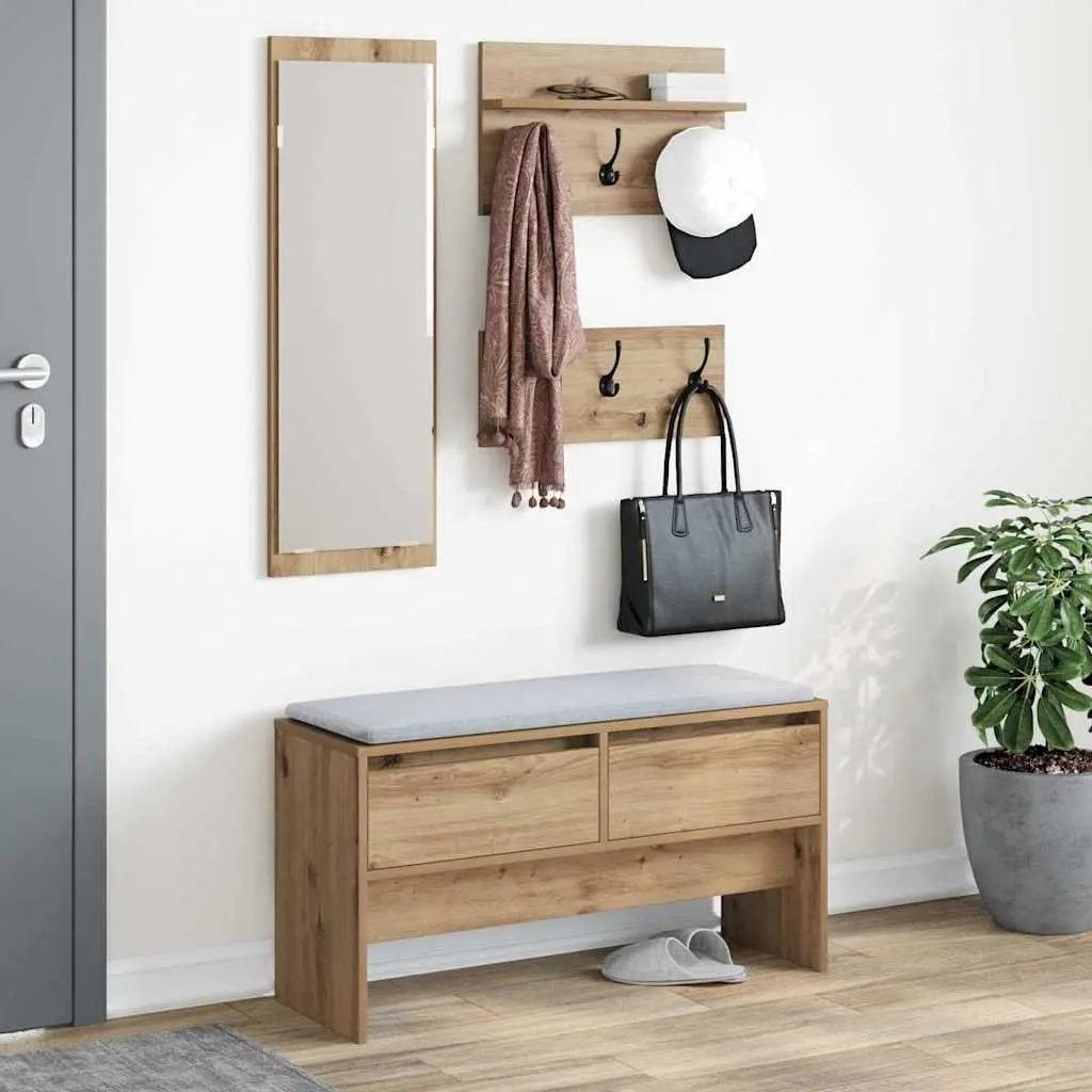 Hallway Furniture Set Modern Storage Bench Mirror Coat Racks Entryway Organiser Brown Engineered Wood