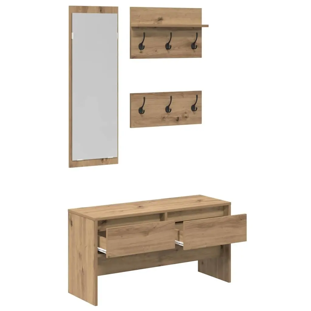 Hallway Furniture Set Modern Storage Bench Mirror Coat Racks Entryway Organiser Brown Engineered Wood