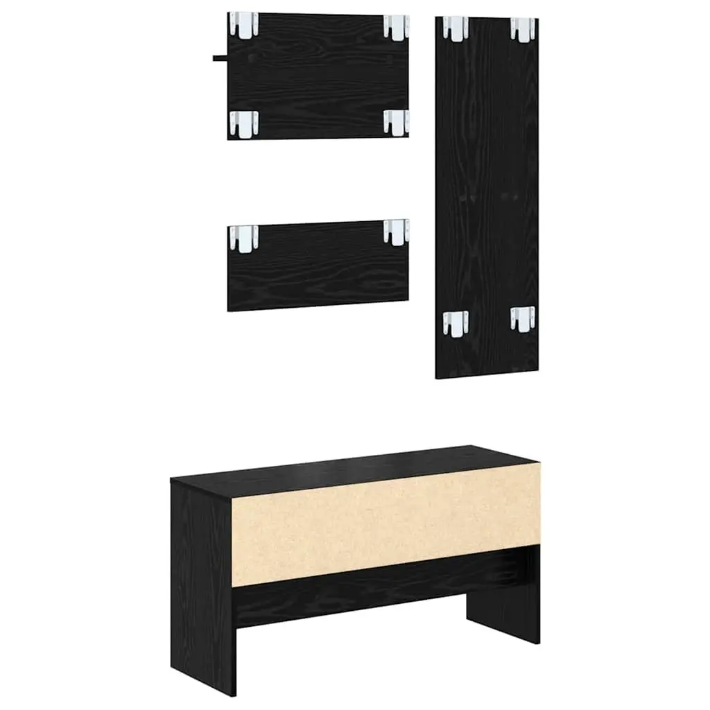 Hallway Furniture Set 4 Piece Storage Bench Mirror Coat Racks Black Oak Entryway