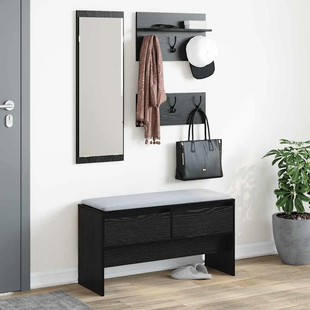 Hallway Furniture Set 4 Piece Storage Bench Mirror Coat Racks Black Oak Entryway