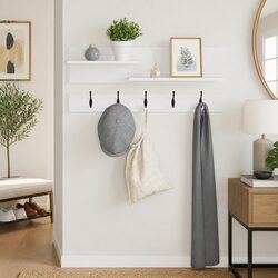 White Engineered Wood Wall-Mounted Coat Rack with Shelves