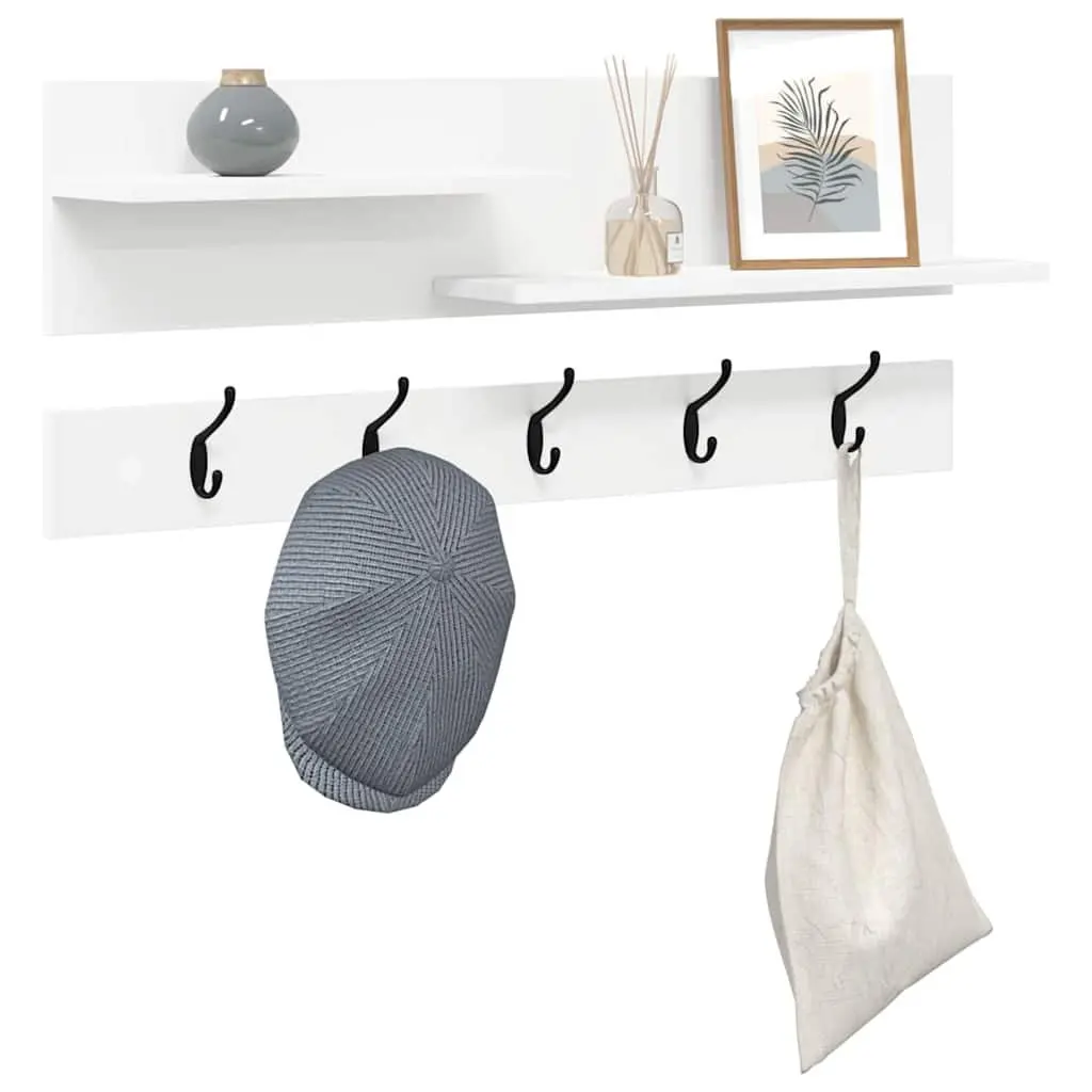 Wall-Mounted Coat Rack White Engineered Wood 90cm Hooks Shelves