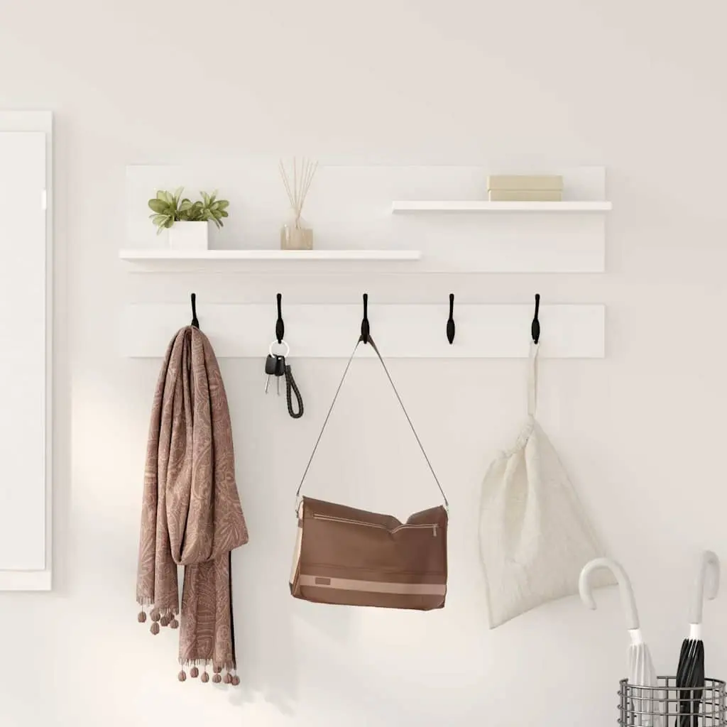 Wall-Mounted Coat Rack White Engineered Wood 90cm Hooks Shelves