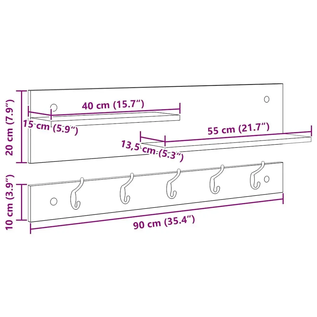 Wall-Mounted Coat Rack White Engineered Wood 90cm Hooks Shelves