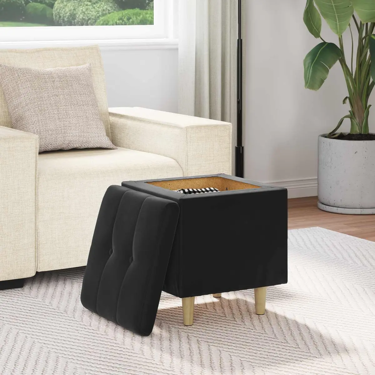 Storage Ottoman with Cushion Black Tufted Design Hidden Compartment Footrest