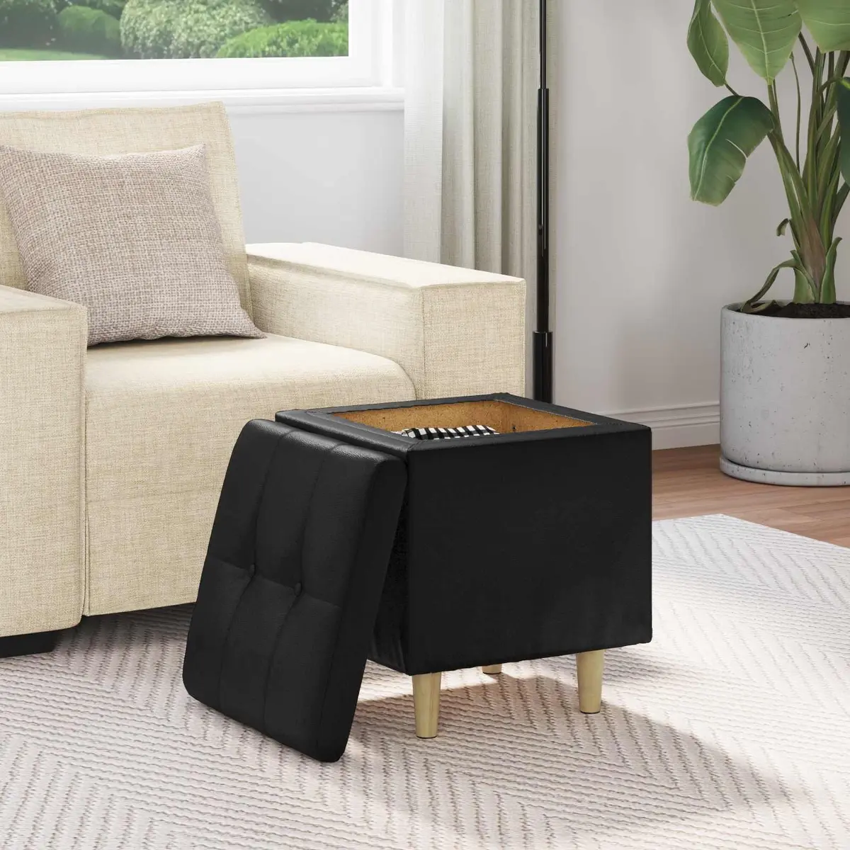 Black Tufted Storage Ottoman with Cushion for Comfort