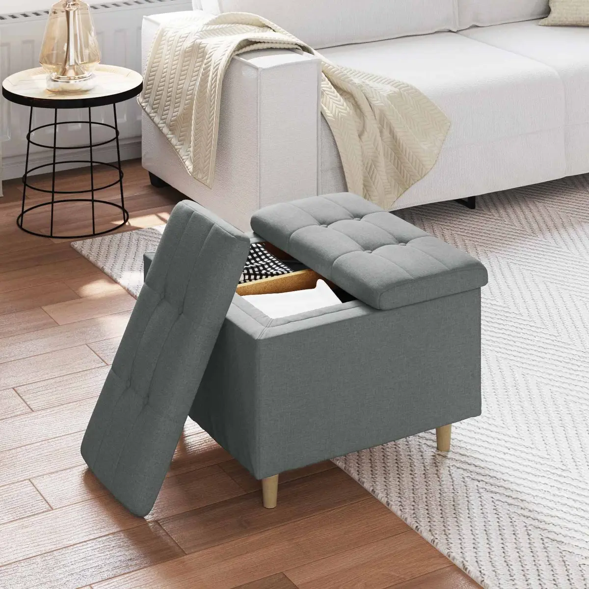 Grey Tufted Storage Ottoman with Hidden Compartment 60x60x45cm