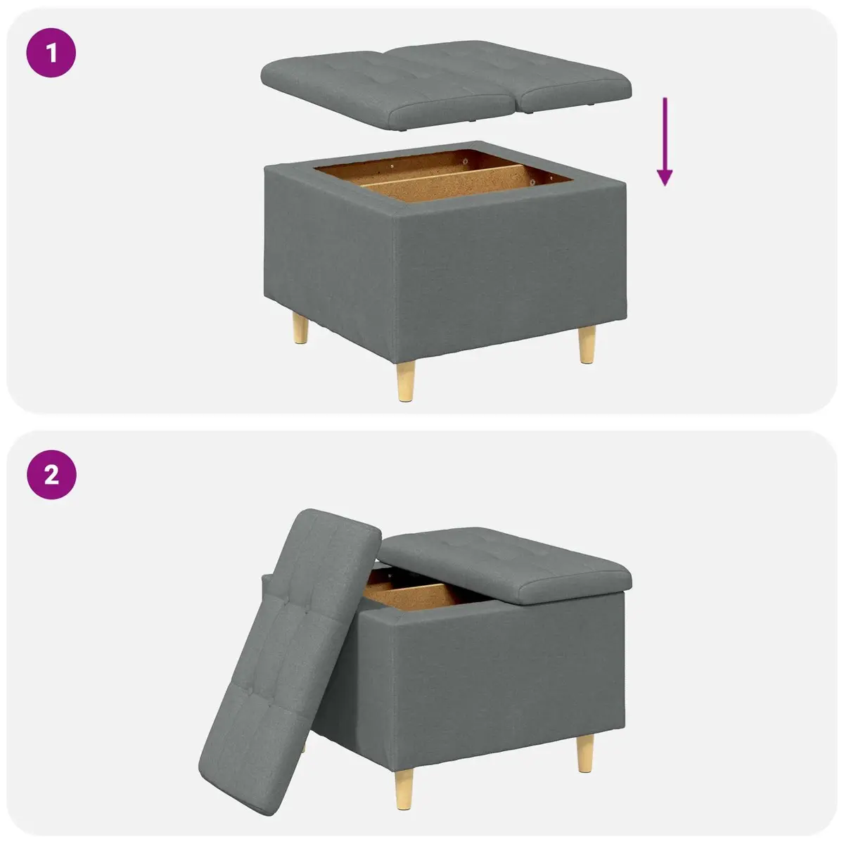 Grey Tufted Storage Ottoman with Hidden Compartment 60x60x45cm