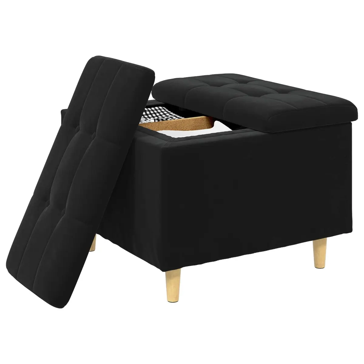 Black Velvet Storage Ottoman with Tufted Seat