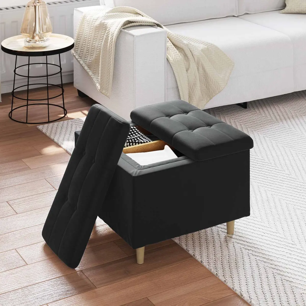 Black Velvet Storage Ottoman with Tufted Seat