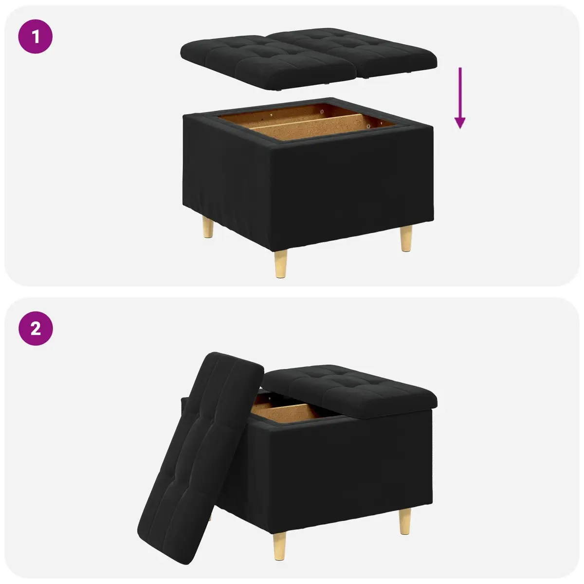 Black Velvet Storage Ottoman with Tufted Seat