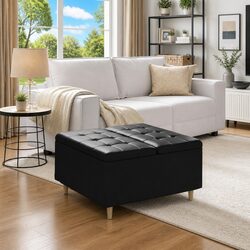 Elegant Black Tufted Storage Ottoman with Cushion
