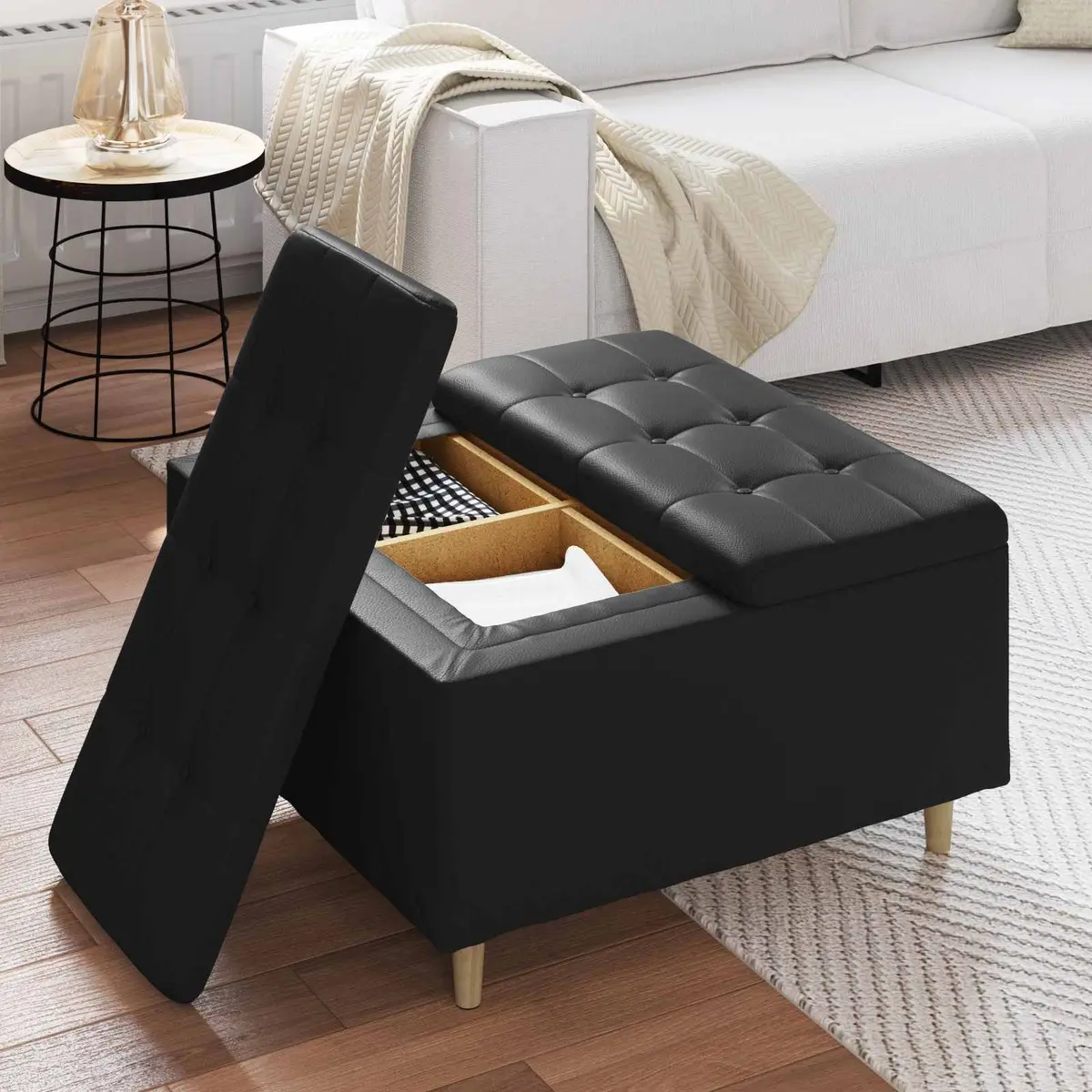 Black Tufted Storage Ottoman with Cushion