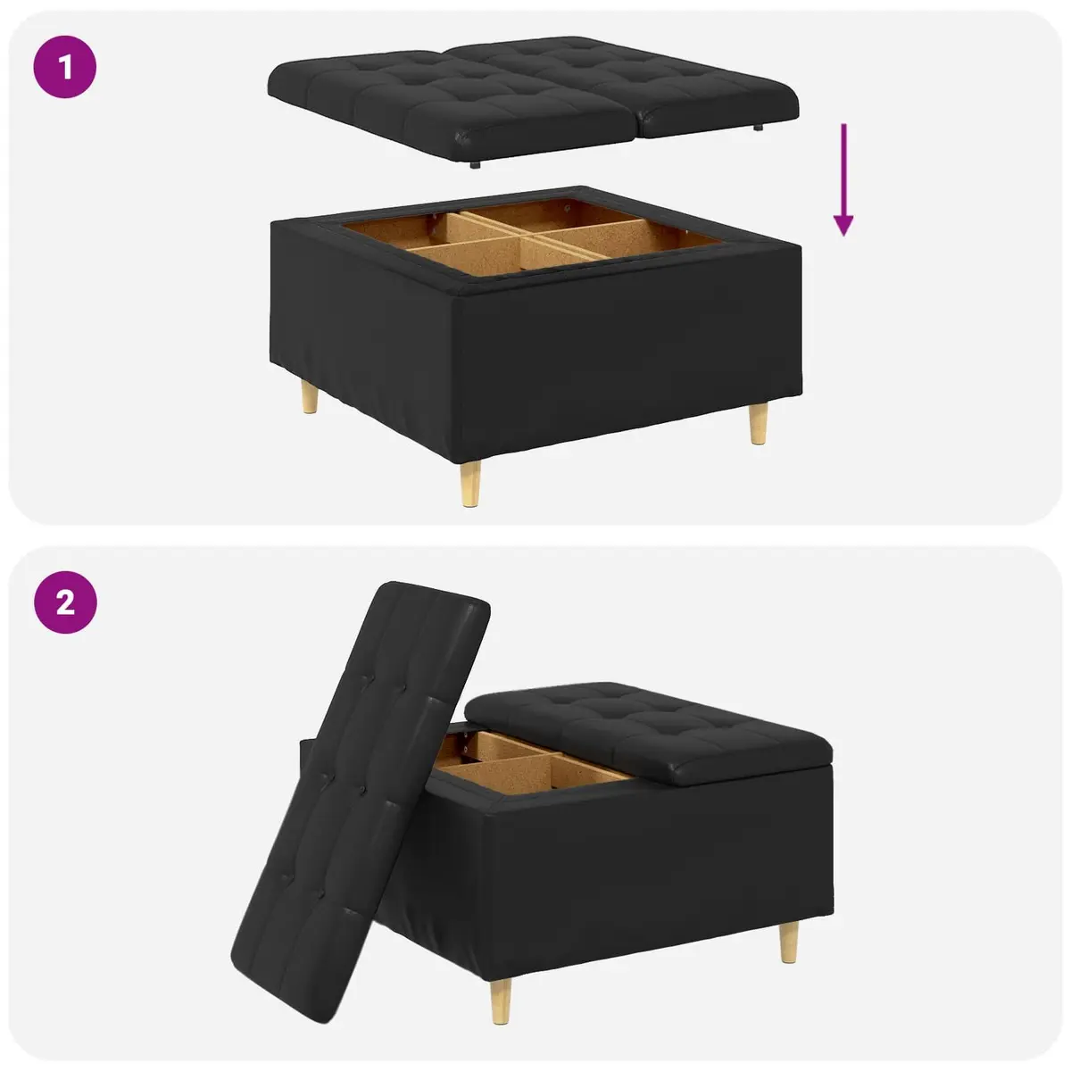 Black Tufted Storage Ottoman with Cushion