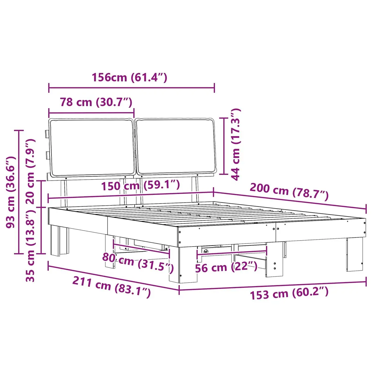 Bed Frame Upholstered Headboard Grey 150 x 200 cm Solid Pine Modern Furniture