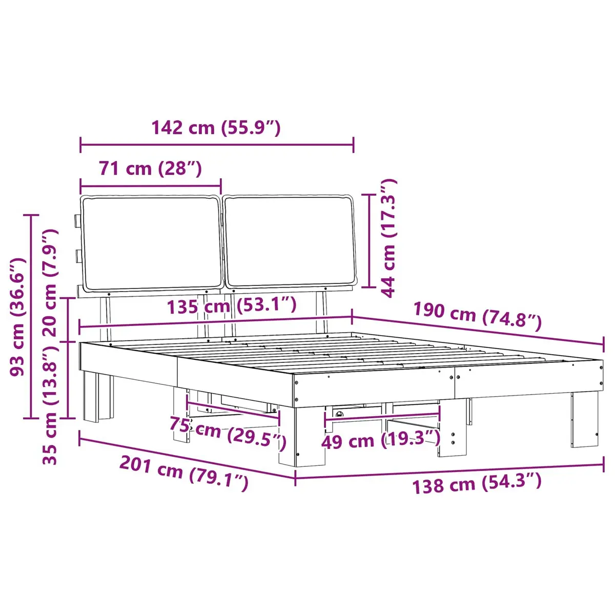 Grey Upholstered Bed Frame 135 x 190 cm