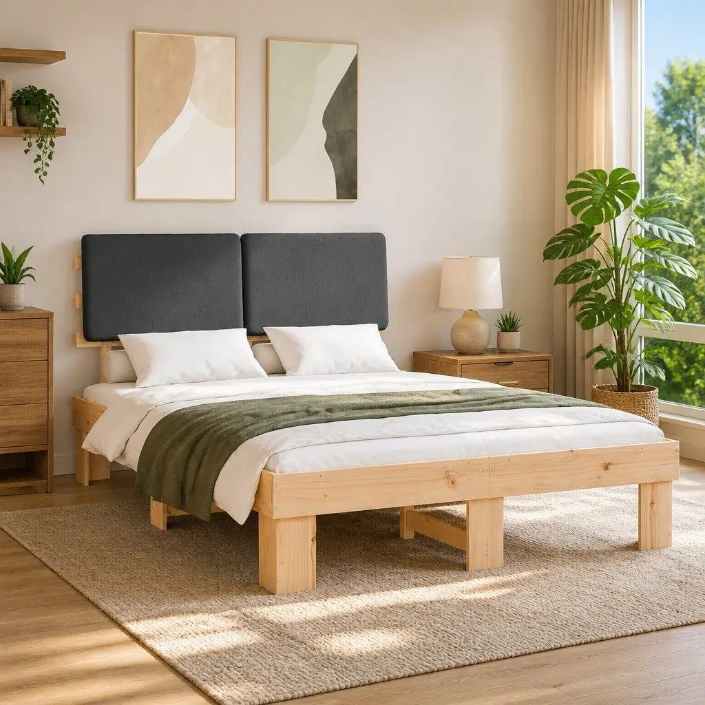 Upholstered Headboard Bed Frame Grey 150x200cm Solid Pine Wood Modern Bedroom Furniture