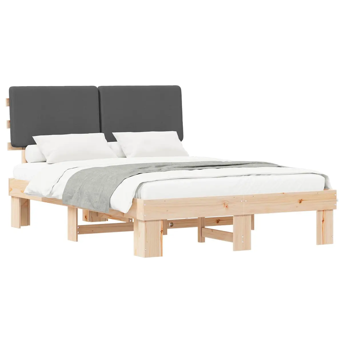 Upholstered Headboard Bed Frame Grey 150x200cm Solid Pine Wood Modern Bedroom Furniture