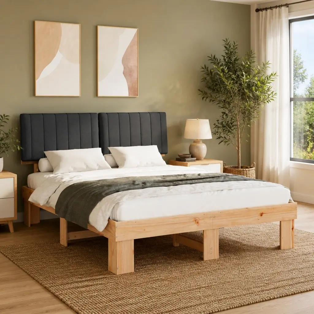 Wooden Bed Frame with Upholstered Headboard in Grey 150x200cm Modern Style