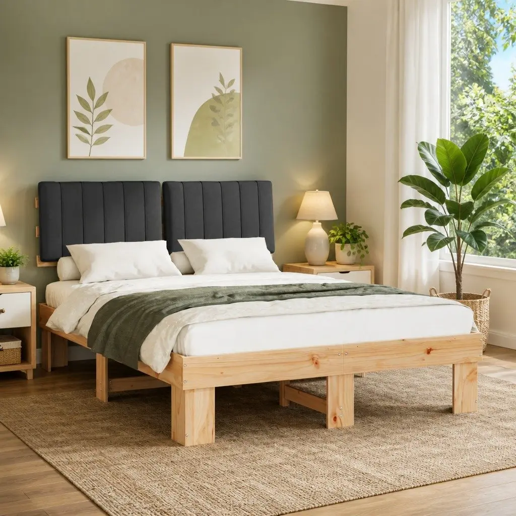 Bed Frame Upholstered Headboard Grey 135 x 190 cm Modern Solid Pine Wood Platform