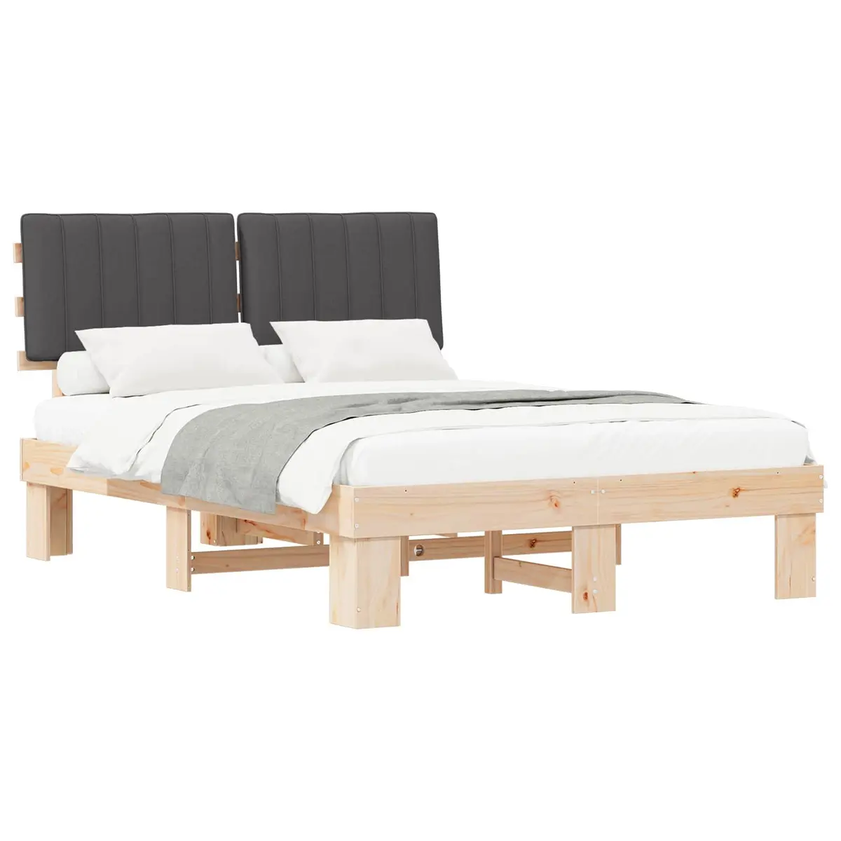 Bed Frame Upholstered Headboard Grey 135 x 190 cm Modern Solid Pine Wood Platform