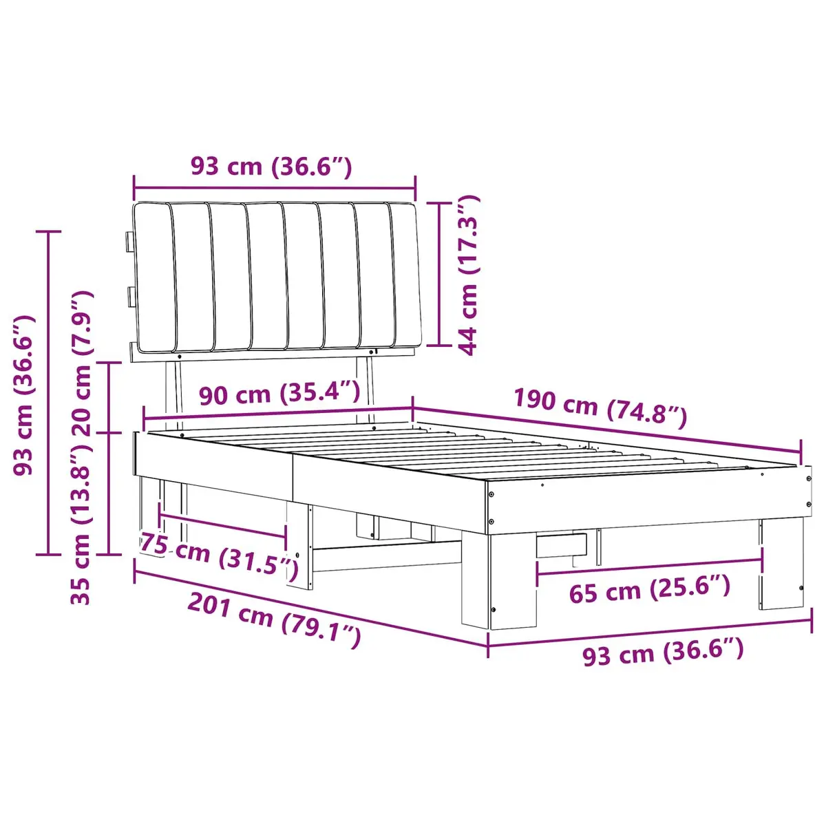 Grey Upholstered Headboard Bed Frame 90 x 190 cm
