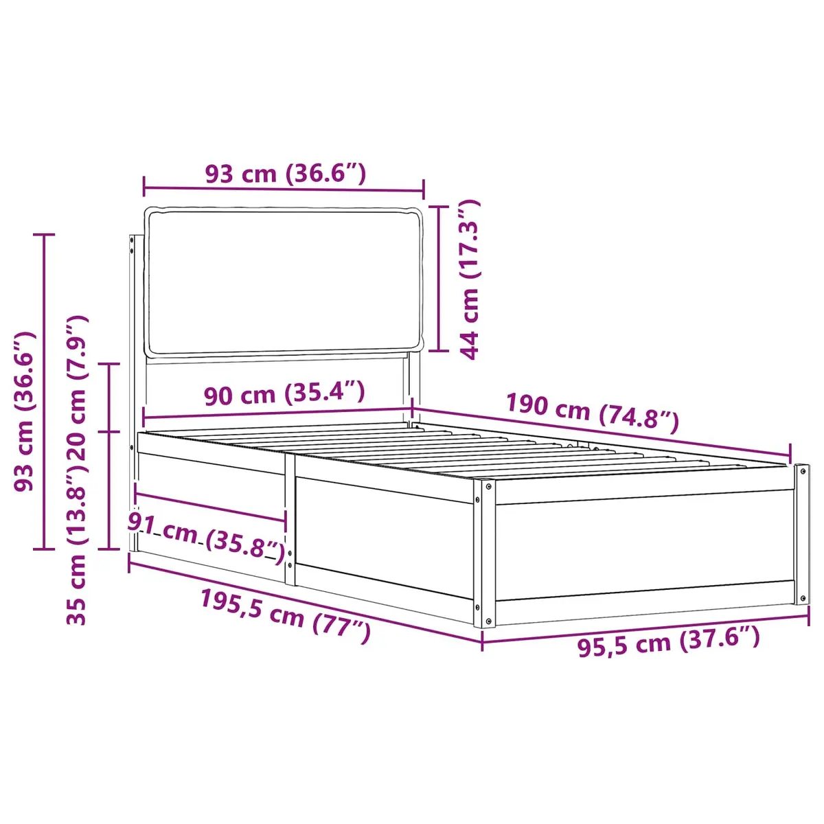 Bed Frame with Upholstered Headboard Grey 90 x 190 cm Modern Bedroom Furniture