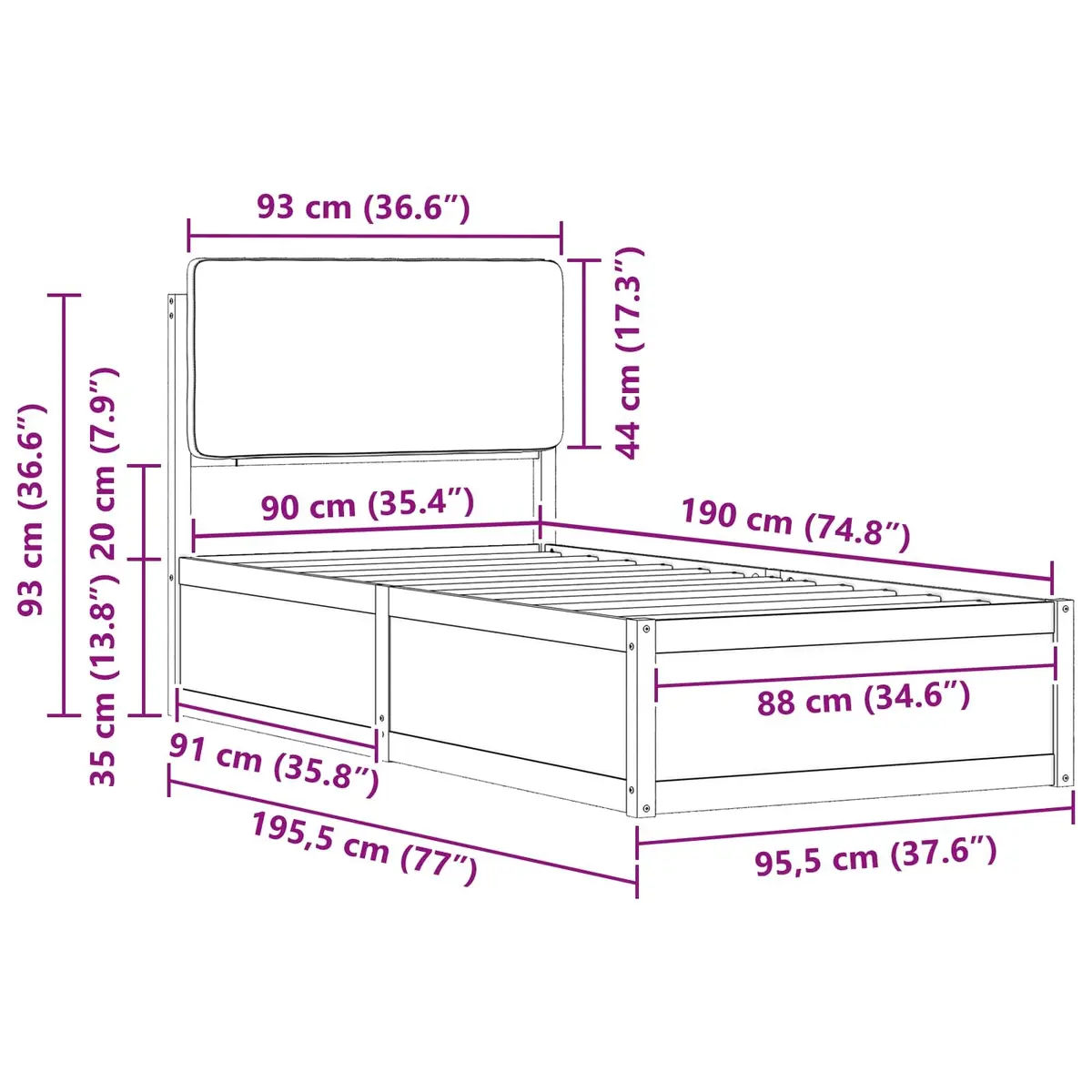 Bed Frame with Upholstered Headboard Grey 90 x 190 cm Modern Wooden Platform