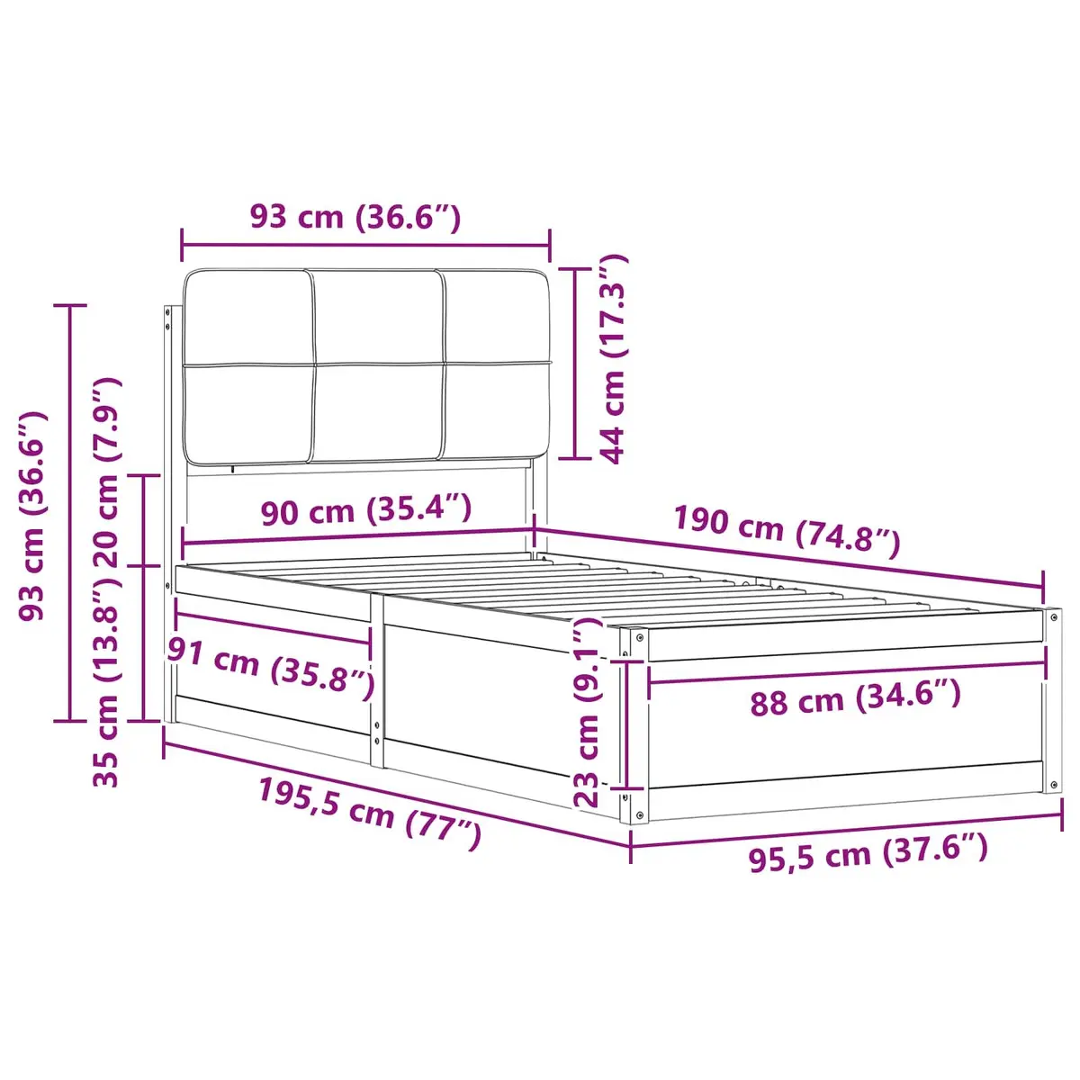 Upholstered Grey Bed Frame with Slatted Base 90 x 190 cm