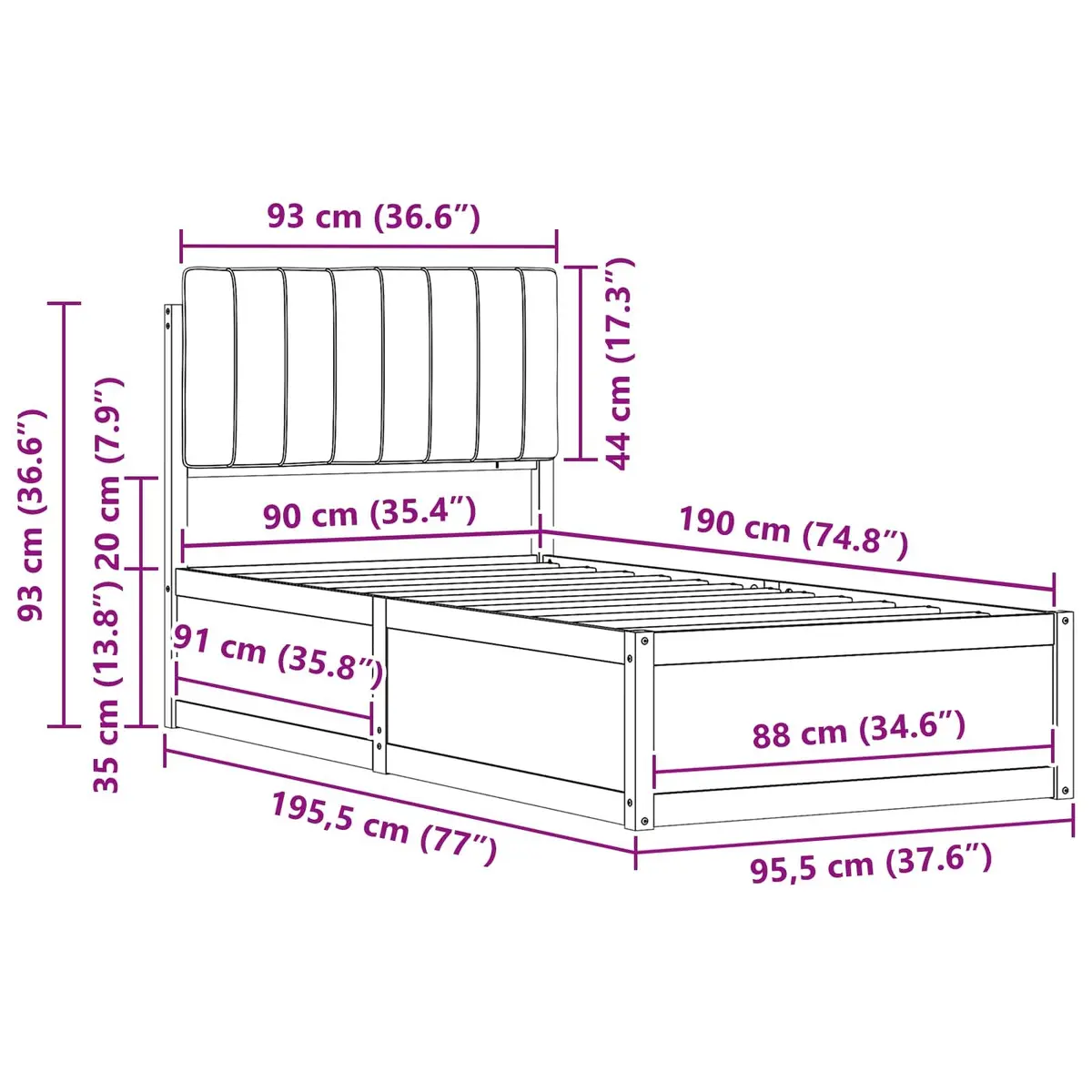 Bed Frame Upholstered Headboard Grey 90 x 190 cm Solid Pine Wood Platform Slatted