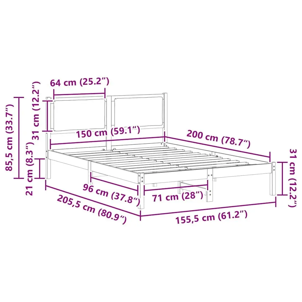 Grey Bed Frame with Headboard 150 x 200 cm Solid Pine