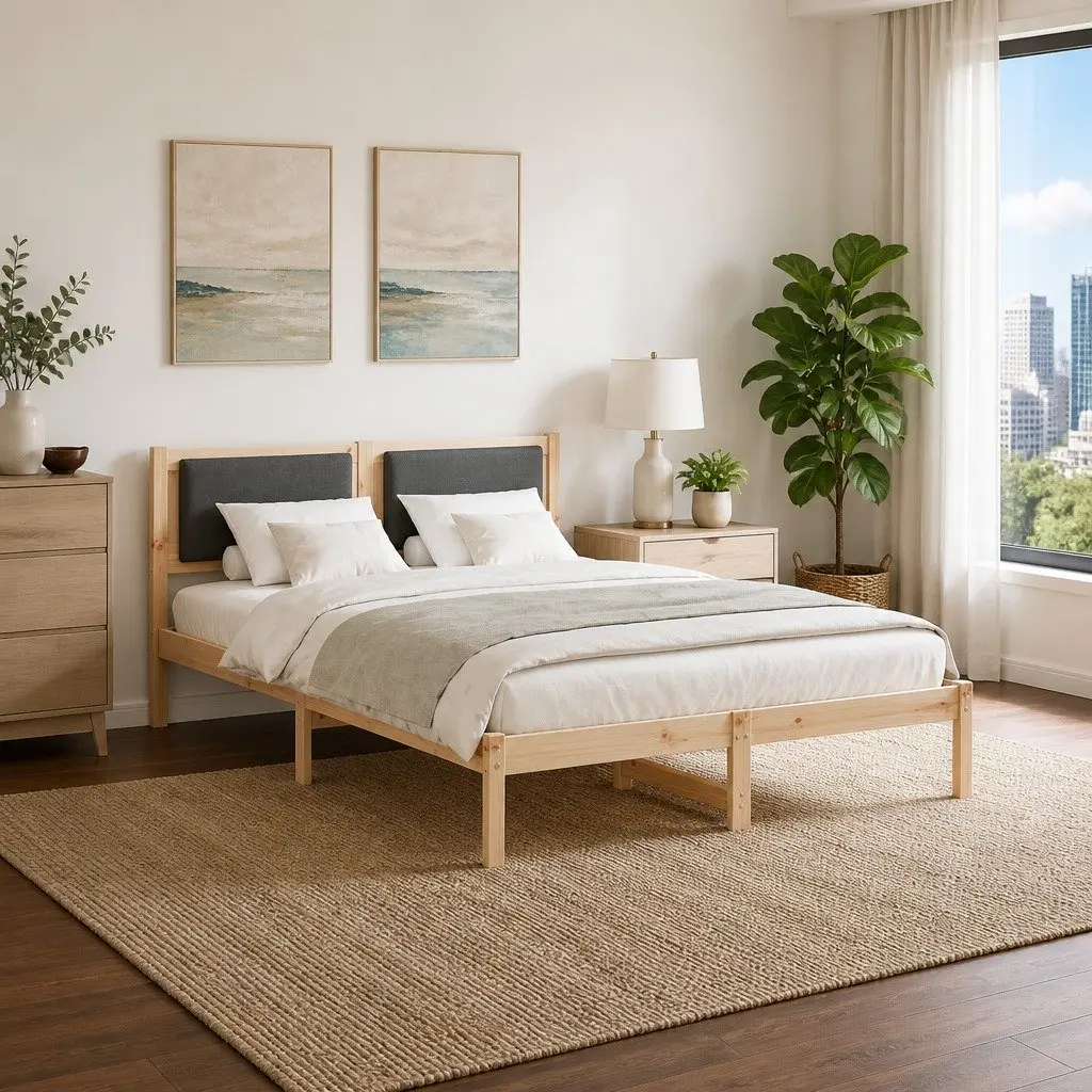 Grey Bed Frame with Headboard 135 x 190 cm Pine Wood