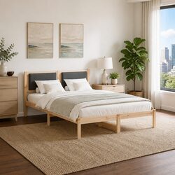 Grey Bed Frame with Headboard 135 x 190 cm Pine Wood