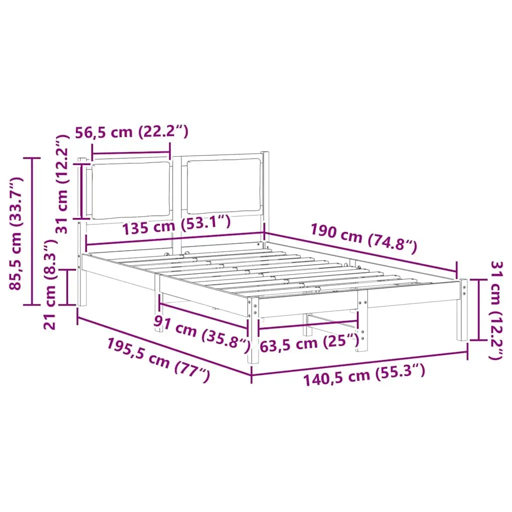 Grey Bed Frame with Headboard 135 x 190 cm Pine Wood