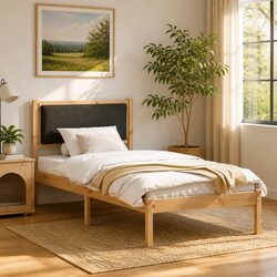 Grey Bed Frame with Headboard 90 x 190 cm Solid Pine