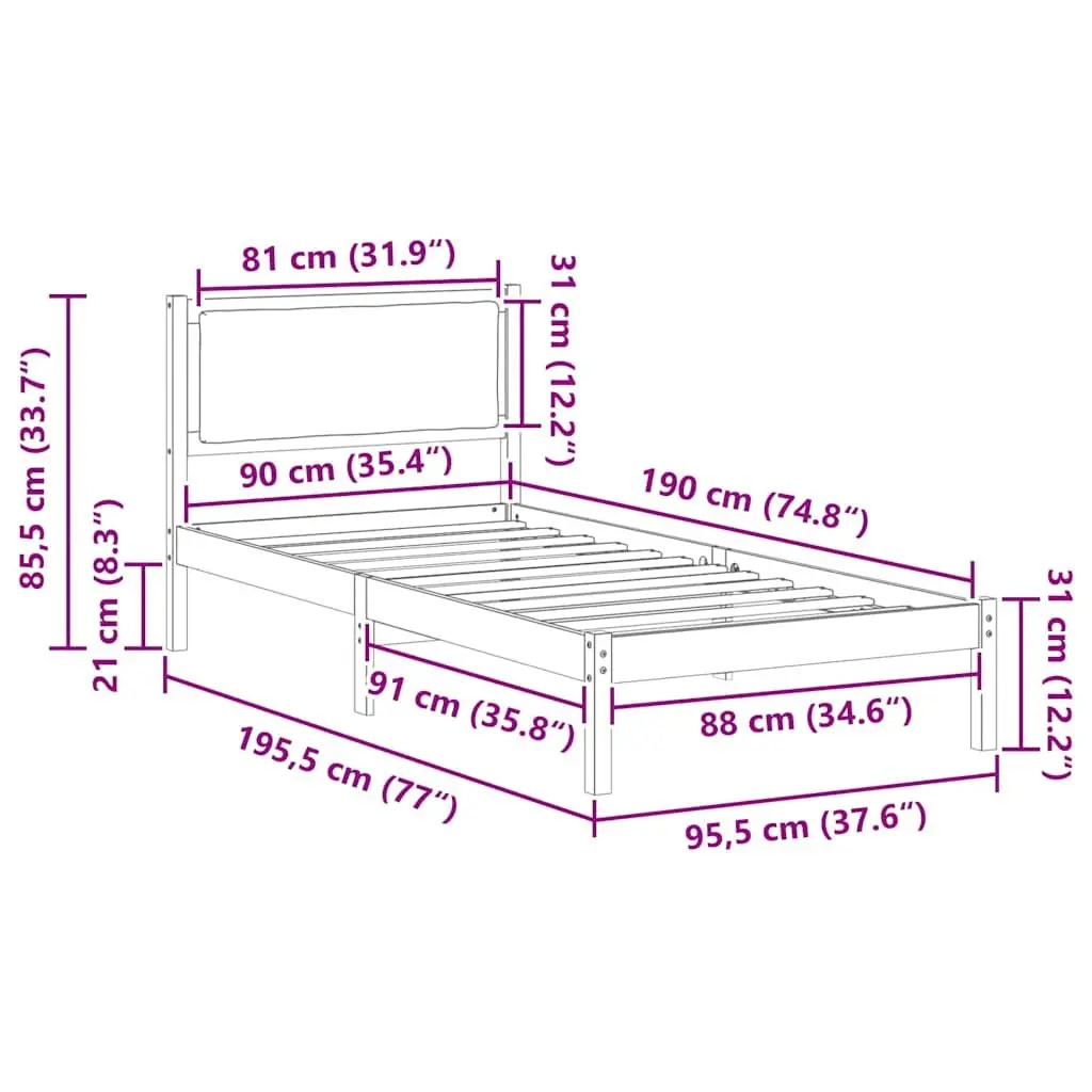 Grey Bed Frame with Headboard 90 x 190 cm Solid Pine